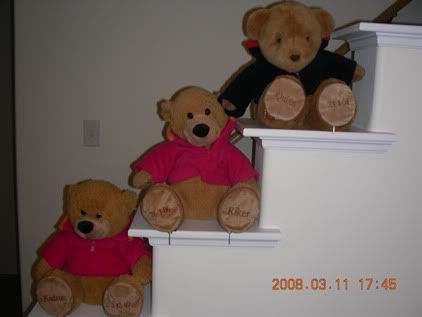 Shot of all 3 teddy's - name and bdays are on the feet, Amber and Alexander have them too.